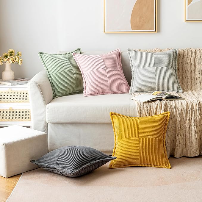 MIULEE Spring Decorative Throw Pillow Covers for Couch Bed Livingroom 20x20 Inch Set of 2 Pink Boho Accent Throw Pllows Broadside Striped Patchwork Soft Corduroy Pillowcases Valentine Decor