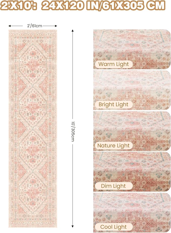 Runner Rug 2x10, Ultra-Thin Kitchen Rugs Non Slip Washable Rugs for Entryway Rug, Kitchen Runner Low Pile Vintage Soft Carpets for Living Room, Bathroom Bedroom (Pink,2'x10')