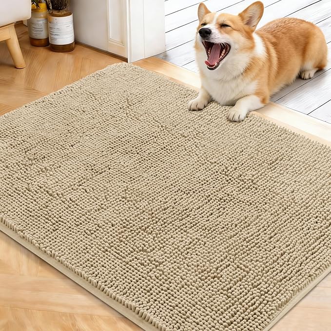 OLANLY Dog Door Mat for Muddy Paws 40x32, Absorbs Moisture and Dirt, Absorbent Non-Slip Washable Doormat, Quick Dry Chenille Mud Mat for Dogs, Entry Indoor Entryway Carpet for Inside Floor, Beige