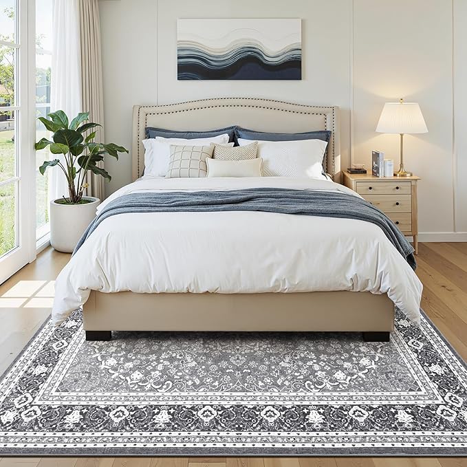 Lofus 6x9 Area Rugs for Living Room, Machine Washable Non-Slip Area Rug, Low Pile Large Rugs for Bedroom, Kitchen, Dining Room, Home Office, Vintage Oriental Print Rug, Light Grey with White