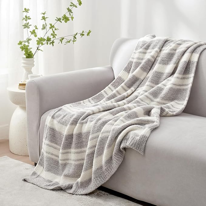 Snuggle Sac Queen Size Bedding Blankets, Super Soft Warm Blankets Cozy Knit Fuzzy Oversized Blankets for Bed, Stripe Grey, 90"x90"