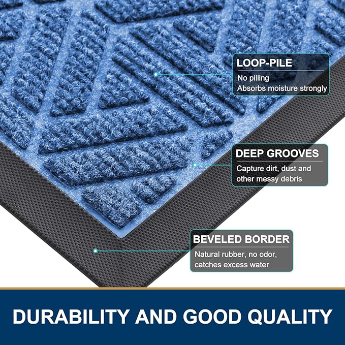 Smiry Front Door Mat Outside Entrance, Heavy Duty Sturdy Natural Rubber Doormat, Trap Dirt and Moisture, Easy Clean Low Profile Mats for Indoor Outdoor Entry, Grid Geometric (29.5x17, Blue)