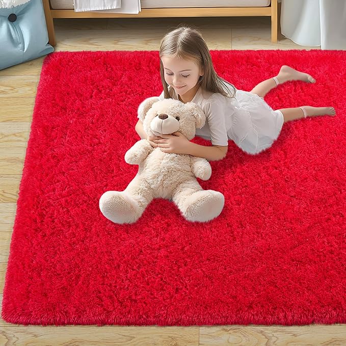 Pionblank Super Fluffy Area Rug for Living Room 5x7 Feet, Modern Indoor Shaggy Carpet, Soft Plush Non Slip Rugs for Bedroom Kids Room Teens Dorm Cloakroom Home Decor, Red