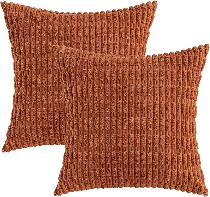 MIULEE Pack of 2 Rust Corduroy Decorative Euro Sham Pillow Covers 24x24 Inch Soft Boho Striped Throw Pillow Covers Modern Farmhouse Home Decor for Summer Sofa Living Room Couch Bed