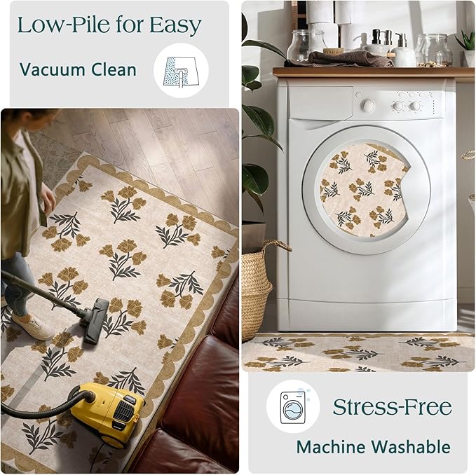 Floral Outdoor Rug - 28" x 43" Front Door Mat Indoor Outside Entrance Non-Slip Washable Outdoor Mat Beige Vintage Farmhouse Rug for Entryway Kitchen Bedroom Layered Doormat for Front Porch