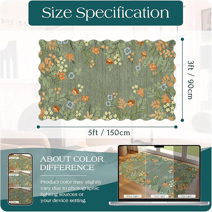 Sage Green Floral Entry Rug - 3x5 Ft Washable Indoor Outdoor Mats for Front Door Non-Slip Porch Rug Non-Slip Boho Throw Rugs for Living Room Bedroom Entryway Kitchen Office Porch Decor
