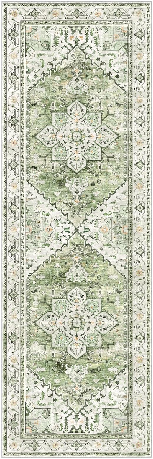 Yamaziot Washable Runner Rug, 2x6 Non-Slip Boho Vintage Hallway Rug Runner with Rubber Backing, Stain Resistant & Low Pile Faux Wool Distressed Carpet Runner for Kitchen, Laundry, Entrance
