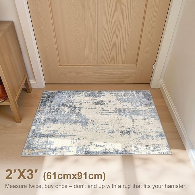 UERMEI 2x3 Entryway Area Rug: Washable Neutral Modern Abstract Small Rug - Non-Slip Low Pile Throw Indoor Carpet for Entrance Kitchen Front Door Mat Bathroom Entry Kids Room - Blue/Light Brown