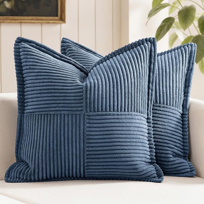 MIULEE Blue Corduroy Pillow Covers 16x16 Inch with Splicing Set of 2 Soft Boho Striped Pillow Covers Broadside Decorative Textured Summer Coastal Pillowcases for Couch Cushion Bed Livingroom