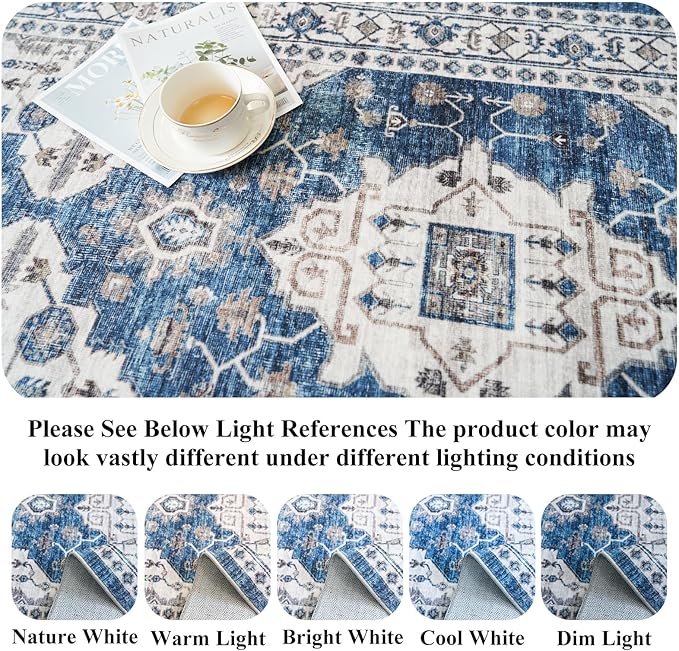 Washable 4x8 Hallway Runner Rug: Vintage 8ft Soft Runners for Entry Kitchen Wide Low Pile Carpet with Non-Slip Backing for Living Room Bedroom Thin Bathroom Carpet for Dining Room Foyer（4x8,Blue