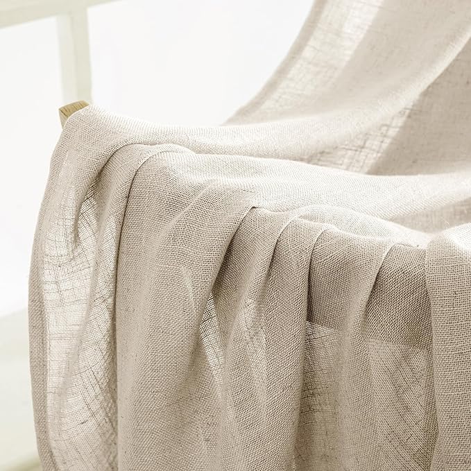 MIULEE Beige Linen Curtains 54 Inch Length 2 Panels for Bedroom Living Room, Soft Linen Textured Window Drapes Semi Sheer Light Filtering Back Tab Rod Pocket Farmhouse Modern Burlap Look Decor