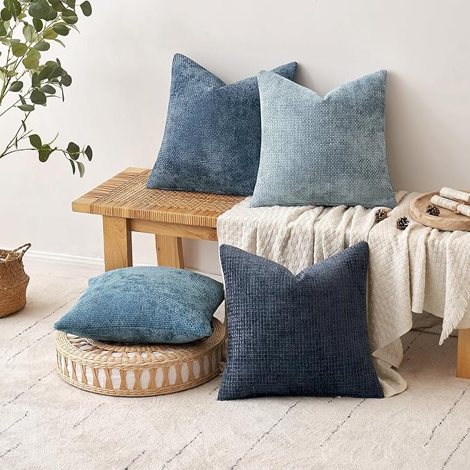 MIULEE Pack of 4 Couch Throw Pillow Covers 26x26 Inch Neutral Blue Soft Decorative Chenille Pillow Covers Farmhouse Accent Cushion Covers for Boho Western Spring Home Decor Sofa Bedroom Living Room