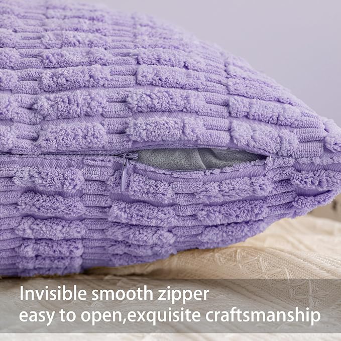 Pack of 2 Corduroy Decorative Throw Pillow Covers 18x18 Inch Soft Striped Pillow Covers Modern Farmhouse Home Decor for Sofa Living Room Couch Bed（Purple）