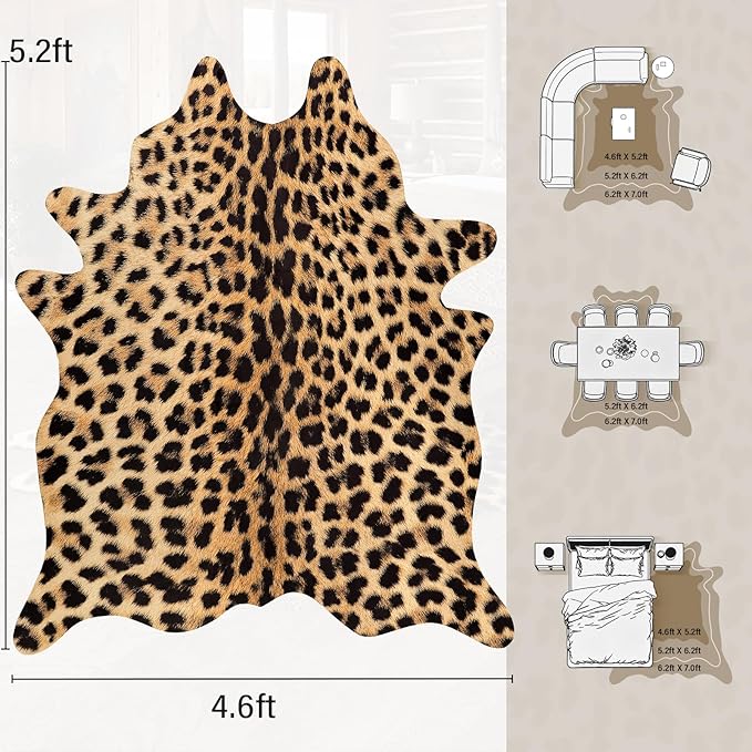 AROGAN Premium Leopard Print Rug 4.6x5.2 Feet, Machine Washable Faux Fur Cheetah Rug, Non-Slip Animal Print Hide Leopard Skin Area Rug for Bedroom Living Room Home Decor