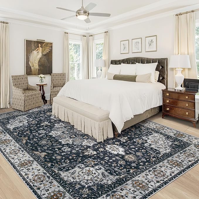 Area Rug 8x10 Washable Rug, Vintage Boho Medallion Rugs Non-Slip Soft Low Pile Large Distressed Rug Indoor Retro Carpet for Living Room Bedroom Dining Room Home Office (Vintage Black, 8'x10')
