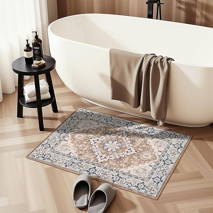 Lofus 2x3 Washable Rug for Entryway Bathroom, Non Slip Kitchen Mats for Floor, Vintage Soft Door Mat Indoor Entrance, Small Area Rugs, Farmhouse Carpet for Entry Living Room Bedroom, Floral Brown