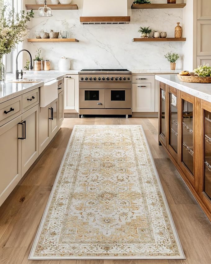 AMADA HOMEFURNISHING 2'6"x8' Washable Area Rug, Low-Profile Entryway Rug with Non-Slip Backing & Durable Edge Binding, Vintage Rug Pattern, Small Rugs for Entryway, Kitchen & Living Room