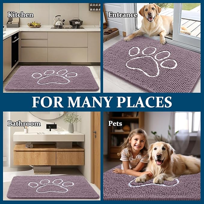 OLANLY Dog Door Mat for Muddy Paws 36x24, Paw Print Design, Absorbs Moisture and Dirt, Absorbent Non-Slip Washable Doormat, Quick Dry Chenille Mud Mat, Entry Indoor Entryway Carpet, Deep Plum