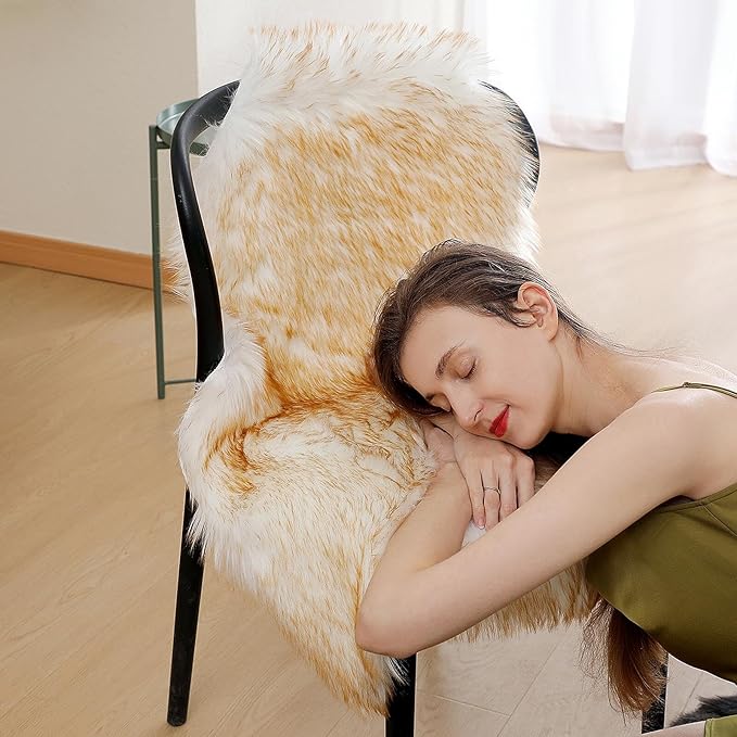 linmopm Faux Fur Rug Sheepskin Shag Fluffy Fuzzy 2x3 ft Small Rugs for Bedroom Bedside Bed Floor Living Room Plush High-Density Cushion Carpet Super Sofa Cover White and Yellow