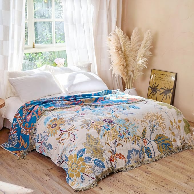 MSGKV Boho Throw Blanket for Couch Cotton Floral Blanket 50"x60" Throws for Sofa Chair Muslin Spring Breathable Lightweight Farmhouse Blankets Home Decor All Seasons
