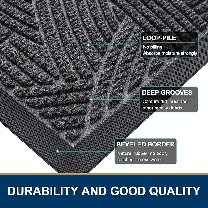 Smiry Front Door Mat Outside Entrance, Heavy Duty Sturdy Natural Rubber Doormat, Trap Dirt and Moisture, Easy Clean Low Profile Mats for Indoor Outdoor Entry, Interwoven Stripes 29.5x17, Grey