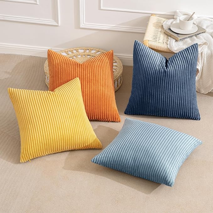 MIULEE Pack of 4 Blue-Orange Corduroy Decorative Throw Pillow Covers 18x18 Inch Soft Boho Striped Pillow Covers Modern Farmhouse Home Decor for Summer Sofa Living Room Couch Bed