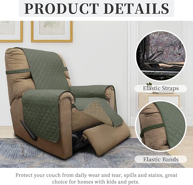 ISSUNTEX Double Protection 100% Waterproof Recliner Covers for Living Room, Reversible Furniture Protector Recliner Couch Sofa Slipcover for Dogs, Pets, Kids (Recliner, Greyish Green/Beige)
