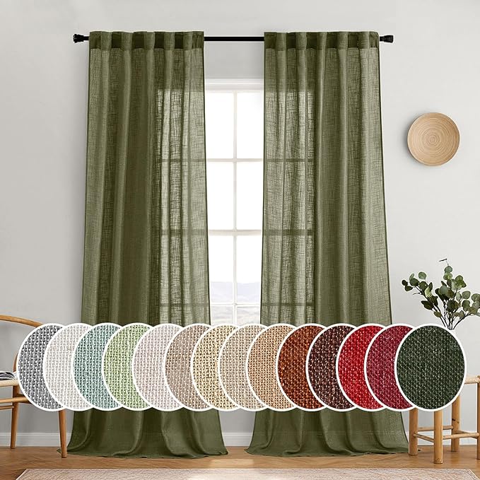 MIULEE Light Olive Green Linen Curtains 90 Inch Long 2 Panels for Bedroom Living Room, Soft Linen Textured Natural Window Drapes Semi Sheer Light Filtering Back Tab Rod Pocket Burlap Look Decor