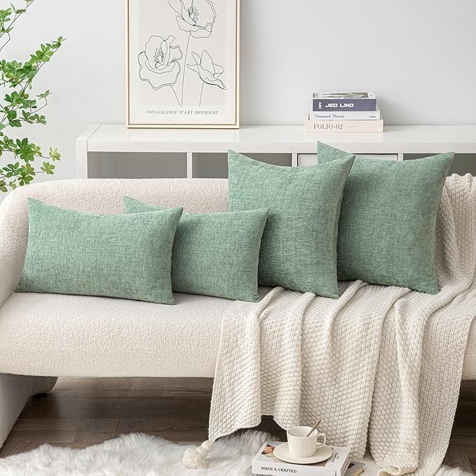 MIULEE Pack of 2 Couch Throw Pillow Covers 18x18 Inch Soft Greyish Green Chenille Pillow Covers for Sofa Living Room Solid Dyed Pillow Cases