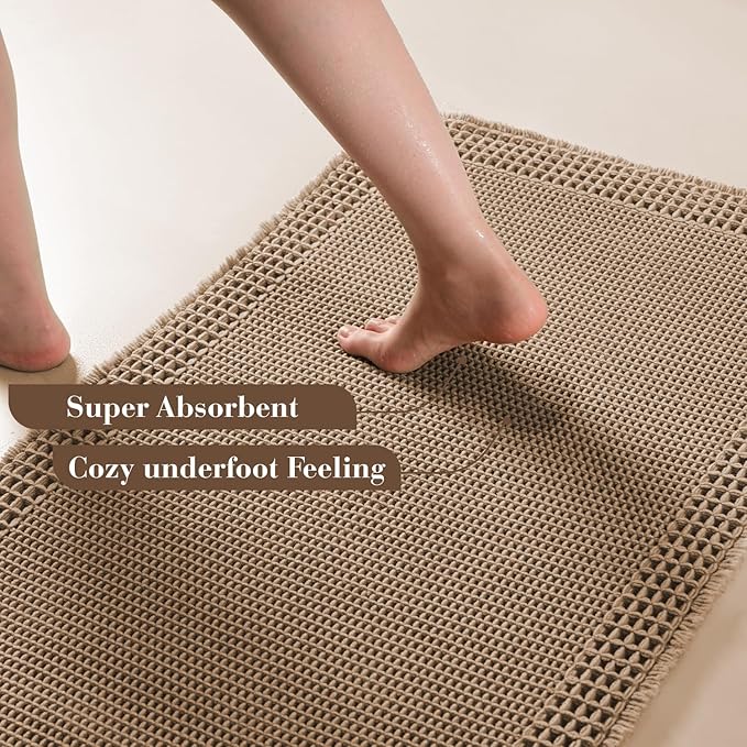RESARE Waffle Bathroom Runner Rugs, Super Absorbent Bath Mat Non Slip Washable Quick Dry, Upgraded Ultra Soft Boho Bath Rugs with Tassels for Hallway Bedroom Laundry Room, 2'x4'(24"x48"), Brown