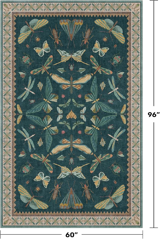 Hazo Haus Insect Blue Green Living Room Rug 5x8 - Washable Area Rug for Bedroom, Dining Room, Kids Playroom, Home Office, Boho Butterfly Non Slip Stan Resistant