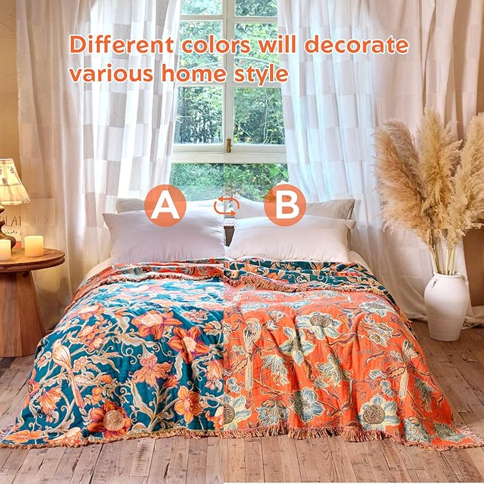 MSGKV Boho Throw Blanket for Couch Chair 100% Cotton Floral Bird Blanket 50"x60" Sofa Blankets Muslin Spring Breathable Lightweight Farmhouse Blankets Home Decor All Seasons