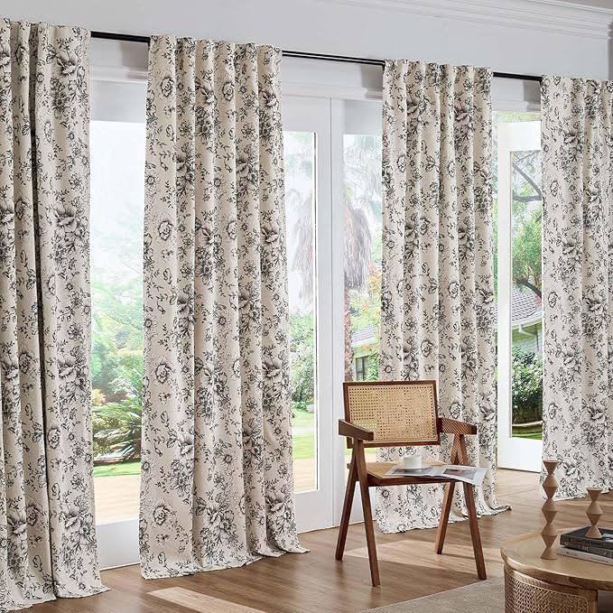 jinchan Blackout Floral Curtains for Living Room Bedroom Linen Blend Curtain Farmhouse Black Printed with Lined Back Tab Rod Pocket Drapes Window Treatments 2 Panels 90 Inch