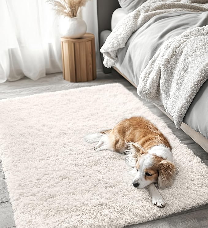OLANLY 4x5 Machine Washable Accent Rug, Soft Fluffy Shaggy Area Rug for Bedroom, Living Room, Indoor Floor Carpet for Kids, Nursery, Home Decor, Ivory