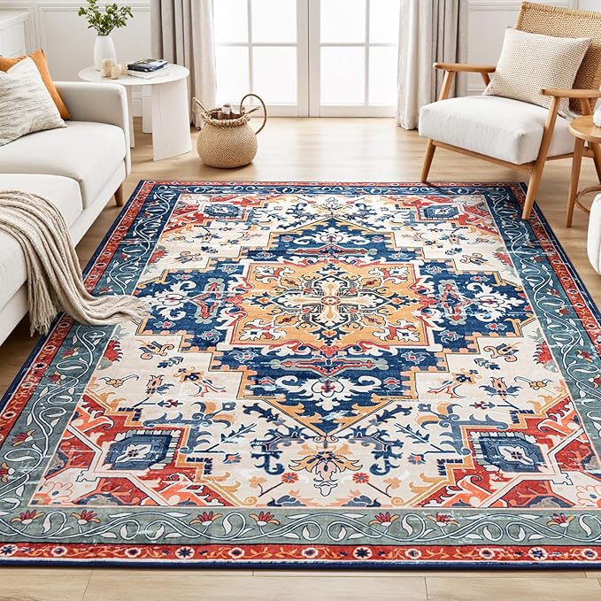 Rugflix 5x7 Area Rug for Living Room, Machine Washable Area Rugs with Non-Slip Backing, Large Soft Boho Vintage Rug for Bedroom, Dining Room, Low Pile Carpet, Kids Pet Friendly, Red
