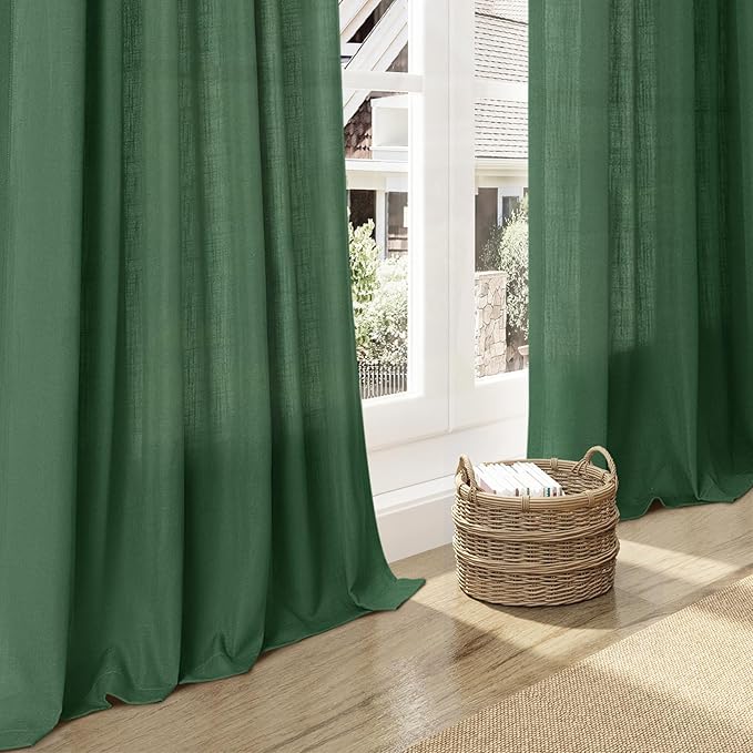 Nanspring Green Boho Curtains for Bedroom Back Tab Rod Pocket Semi Sheer Linen Curtains 90 Inches Long 2 Panel Set Light Filtering Neutral Farmhouse Lightweight Drapes for Living Room 52x90