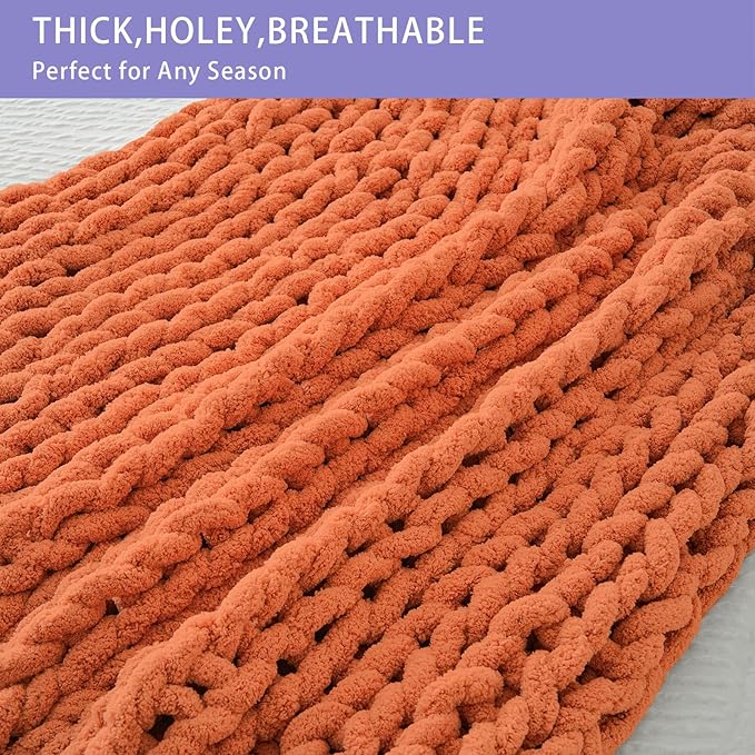 Bigacogo Chunky Knit Throw Blanket for Couch, 40x80 inches, 100% Hand Knitted with Thick Jumbo Chenille Yarn, Cozy Soft Large Rope Knot Cable Crochet Blankets for Sofa Bed Living Room, Terracotta