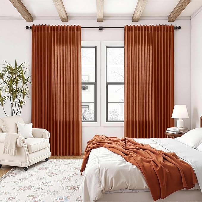 Nanspring Extra Wide Terracotta Curtains for Living Room 96 Inches Long Back Tab and Rod Pocket Linen Light Filtering Semi Sheer Farmhouse Boho Curtain for Bedroom Office Luxury 100x96, 2 Panels