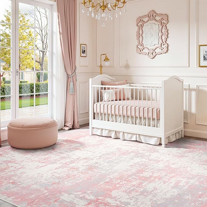 Rugflix 5x7 Area Rugs for Living Room, Washable Large Rug Stain-Resistant Low Pile, Modern Carpet for Dining Room Home Office Kid Room Nursery Bedroom, Pink Grey