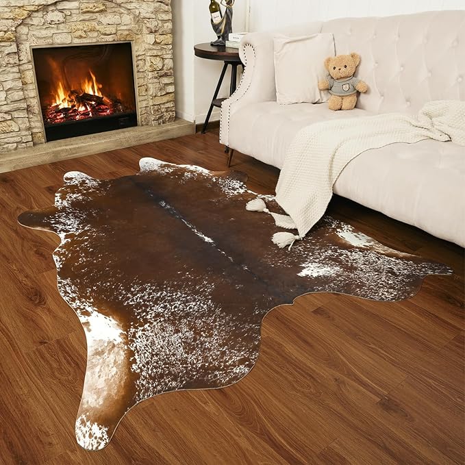 AROGAN Western Decor Faux Fur Cowhide Rug, 4.6×5.2 Feet Premium Animal Skin Cow Hide Rug, Sturdy Cow Print Rugs for Wall Decor, Western Floor Carpet for Bedroom Living Room, Spotted Brown