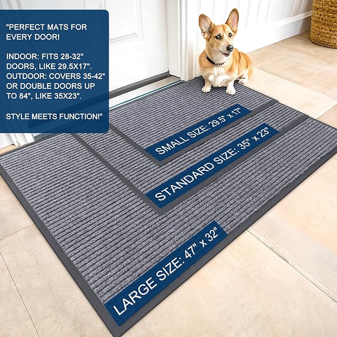 OLANLY Front Door Mat Indoor Outdoor Entrance, 2-Pack 33 x 21 Inch, Waterproof Heavy Duty Doormat, Fade Resistant, Low Profile, Easy Clean Patio Porch Welcome Floor Mats for Entry, Light Gray
