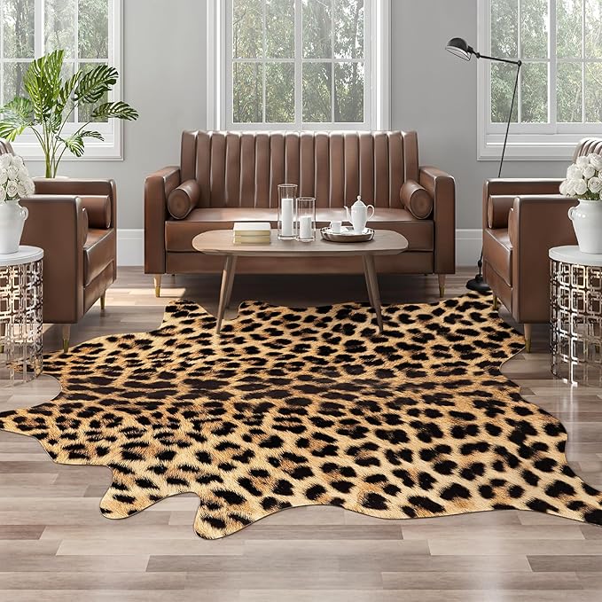 AROGAN Premium Leopard Print Rug 5.2x6.2 Feet, Machine Washable Faux Fur Cheetah Rug, Non-Slip Animal Print Hide Leopard Skin Area Rug for Bedroom Living Room Home Decor