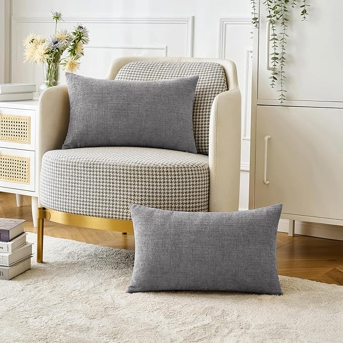 MIULEE Pack of 2 Couch Throw Pillow Covers 12x20 Inch Soft Dark Gray Chenille Lumbar Pillow Covers for Sofa Living Room Solid Dyed Cases