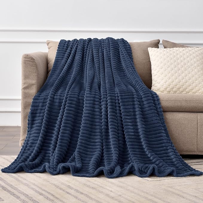 BEDELITE Fleece Throw Blanket for Couch – 3D Ribbed Jacquard Soft and Warm Decorative Fuzzy Blanket – Cozy, Fluffy, Plush Lightweight Navy Throw Blankets for Bed, Sofa, 50x70 inches