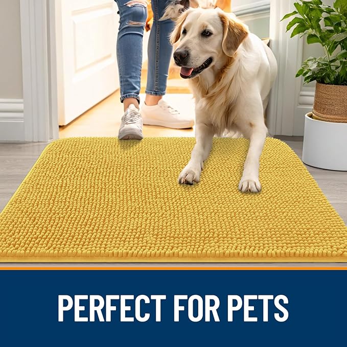 OLANLY Dog Door Mat for Muddy Paws 47x17, Absorbs Moisture and Dirt, Absorbent Non-Slip Washable Doormat, Quick Dry Chenille Mud Mat for Dogs, Entry Indoor Entryway Carpet for Inside Floor, Yellow
