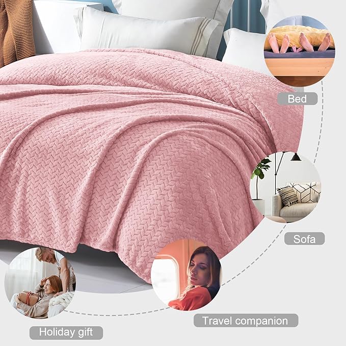Exclusivo Mezcla Fleece Queen Size Blanket for Bed, 90x90 Inches Soft Cozy Jacquard Flannel Blankets, Lightweight Fuzzy Plush Warm for Women, Pink
