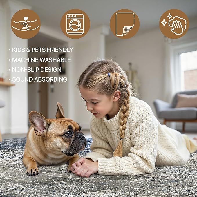 BEIMO Area Rugs 9x12 for Living Room Bedroom, Modern Abstract Machine Washable Rug, Large Soft Low Pile Floor Carpet with Non Slip Backing for Dining Room, Blue&Gray