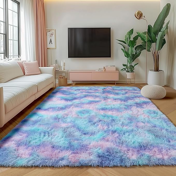 ONASAR Fluffy Area Rugs for Girls Bedroom, 4x6 Purple Rainbow Bedside Rug, Indoor Cute Ultra Soft Plush Shag Floor Carpets for Nursery Kids Teen Girl Dorm Princess Room Playroom Home Decor