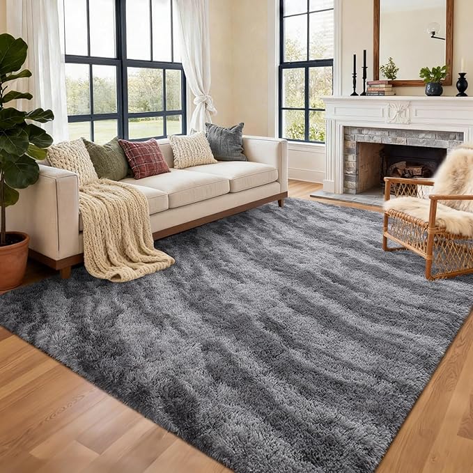Area Rugs for Living Room, Tie-Dyed 4x6 Feet Soft Fluffy Shagg Plush Rug High Pile Large Indoor Modern Non-Slip Floor Carpet for Bedroom Nursery Kids Home Room Dorm Decor Aesthetic Grey