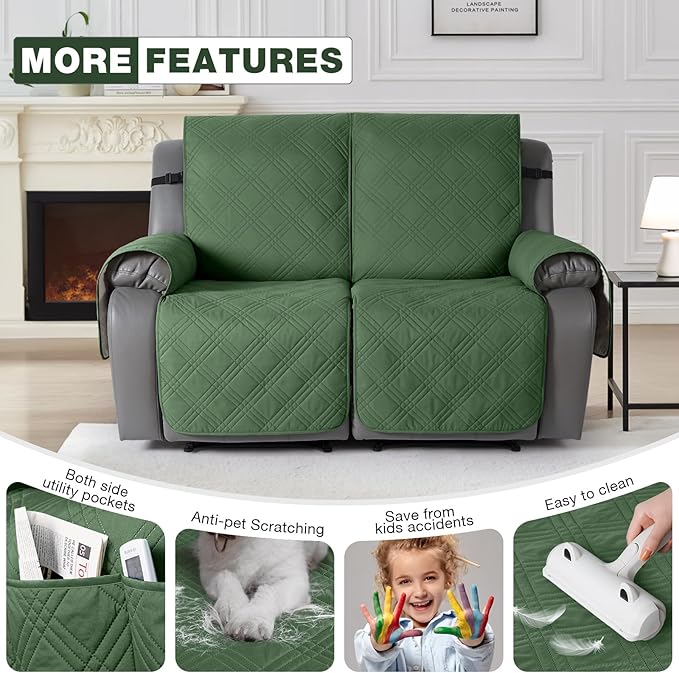 TAOCOCO 100% Waterproof Loveseat Recliner Covers 2 Seater, Split Loveseat Covers for Reclining loveseat, Non Slip Reclining Couch Cover with Double Straps for Kids, Pets(2 Seater, Vine Green)